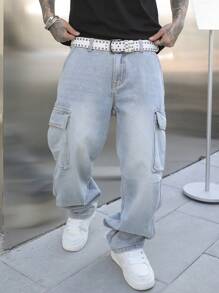 Manfinity EMRG Men's Casual Washed Straight Leg Cargo Jeans - Light Wash - View 3