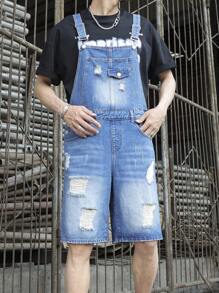 Manfinity EMRG Men's Casual Jeans With Pockets, Distressed Hem & Suspender Detail - Medium Wash - View 1