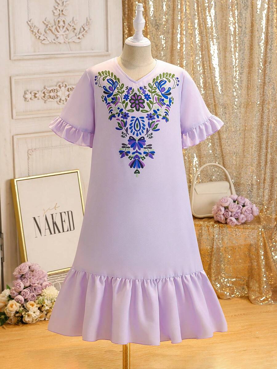 Gaun Pantai Motif Bunga Vintage untuk Anak Perempuan Remaja, Gaya Liburan Pantai Musim Panas - Purple - View 1