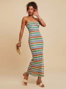 Travachic Damen plissiertes Bandeau-Kleid mit Seitenschlitz und gestreiftem Midi-Saum - Blau - Übersicht 6