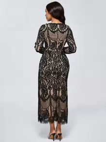 Lyxana 女士优雅拼色蕾丝连衣裙，春秋季长款女装