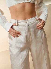 Anewsta Elaire 女式高腰直筒长裤，气质休闲，醋酸纤维缎纹面料，简约设计 - 米色 - 查看 2