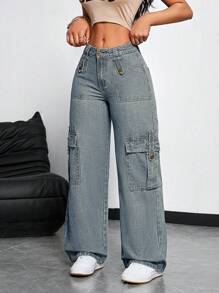 SHEIN EZwear Women's Cargo Pocket Loose Fit Casual Wide Leg Jeans - Light Wash - View 3