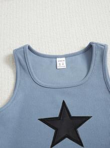 Tween Girls 2Pcs Set Solid Ribbed Knit Star Embroidered Cami Top & Casual Shorts, Daily Outfit, Fashionable Outside Wear, Back To School - Blue - View 3