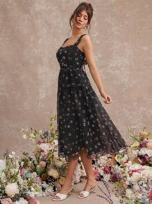 L'Amorae Robe midi élégante fleurie en organza à fines bretelles fluide, tenues d'été pour femmes, robe pour invités de mariage - Multicolore - Voir 4