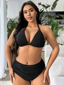 SHEIN Swim Vcay 2pcs/Set Plus Size Adjustable Swimwear Top For Holiday Beach - Black and White - View 4