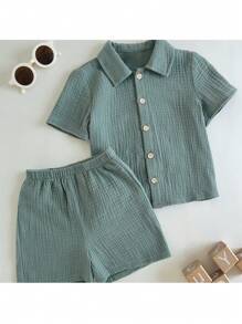 Loomiva 2 pezzi set per bimbo: camicia a maniche corte tinta unita e pantaloncini vita elastica