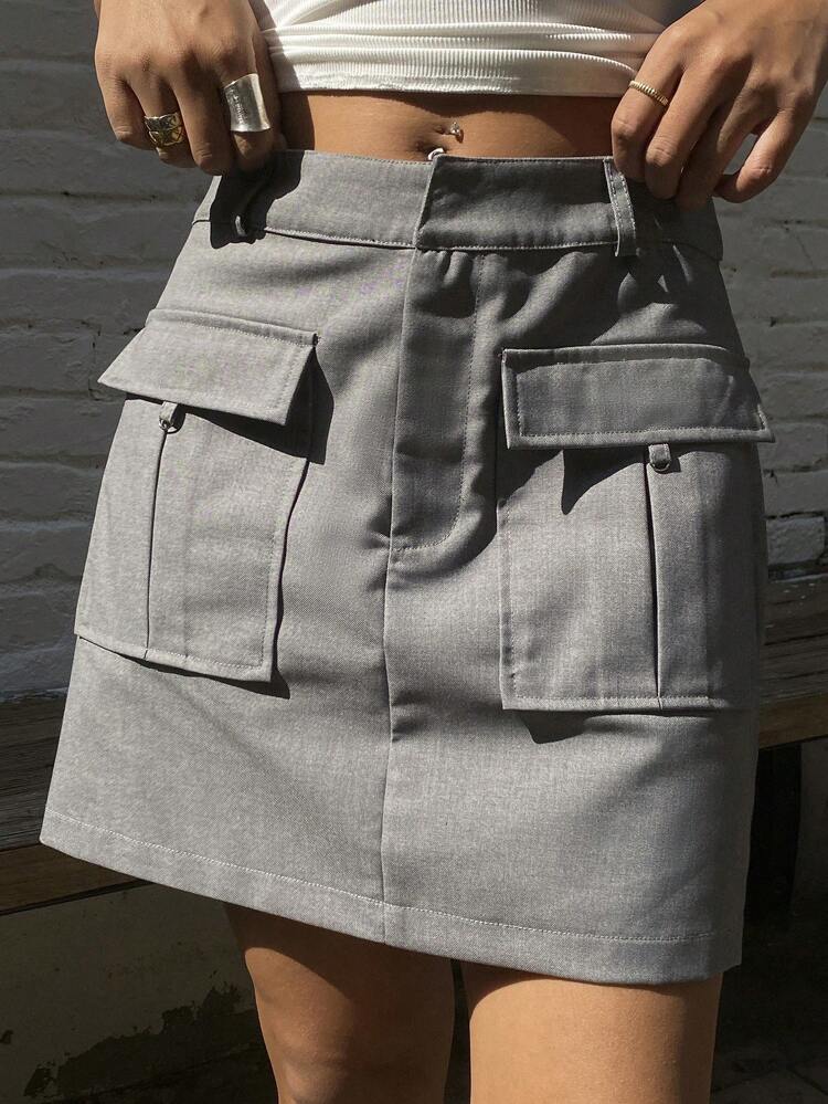 Women Plain Color Utility Pocket Short Casual Skirt Fall Skirts