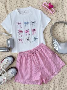 SHEIN 2pcs/Set Teen Girls' Bow Print Round Neck Short Sleeve White T-Shirt And Pink Striped Shorts Set, Suitable For Spring/Summer