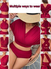 Swim Lushoire Plus Size Satin Shine Halter Style Bikini Top, Suitable For Vacation, Elegant Party For Summer - Burgundy - View 1