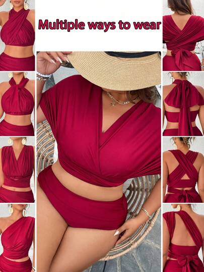 Swim Lushoire Top de bikini de estilo halter con brillo de satén para talla grande, apropiado para vacaciones y fiestas elegantes