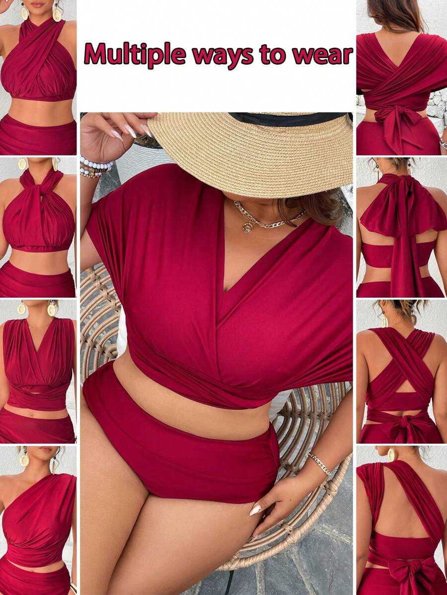 Swim Lushoire Plus Size Satin Shine Halter Style Bikini Top, Suitable For Vacation, Elegant Party For Summer - Burgundy - View 1