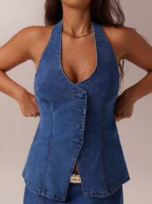 SHEIN Forever 21 Spring&Summer Women Romantic/Prom/Formal/Birthday/90s /Business Casual/Elegant/Western Wear/Going Out/Fashion/Casual/Y2k/Club/Office /Cocktail/Vintage/Bodycon/Rave/Funny/Classy/Old Money/Streetwear/Vacation/Country Concert/Work/Modest/Spring Break/Bachelorette/Concert/Baddie/Basic/Graduation/Blue Washed/Cowgirl/Front Button/Cowl Neck/ Backless Denim Blouse,Top - Blue - View 5