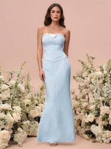 Glamine Blue Woven Textured Fabric Mid-Waist Fish Tail Hem Skirt, Spring/Summer For Women