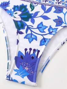 SHEIN Swim 3pcs/Set Women Bikini Swimwear With Wire Underwire, Adjustable Shoulder Straps & Blue Floral Print, Sexy Push Up Swimwear, Cover-Up, Beach/Pool Party Summer Vacation - Blue - View 4