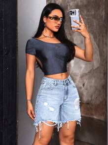 SHEIN ICON Women's Pocket Ripped Frayed Hem Casual Denim Shorts