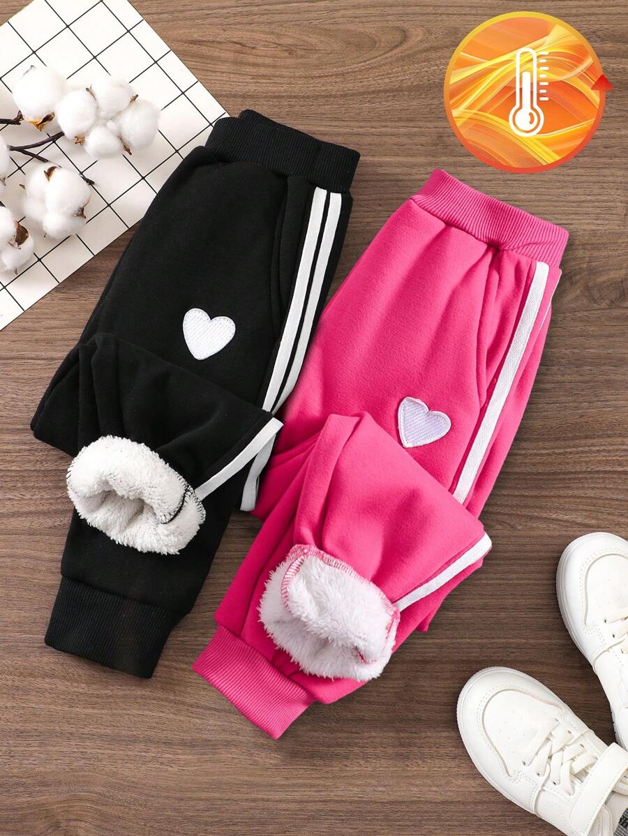 SHEIN 2pcs/Pack Young Girl Heart Graphic Fleece Elastic Waist Casual Sweatpants, Autumn & Winter - Multicolor - View 1