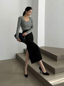 Women's Solid Color Elegant Work Wear Straight Slit Skirt,Pencil Skirt Fall Skirts - Black - View 3