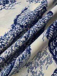 SHEIN CURVE+ 大码女式山水画印花面料松紧腰中长裙，适合春夏季、日常工作和度假穿着 - 彩色 - 查看 4