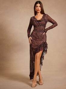 Hauture Animal Printed Asymmetric Ruffle Hem Cowl Neck Maxi Dress - Multicolor - View 1