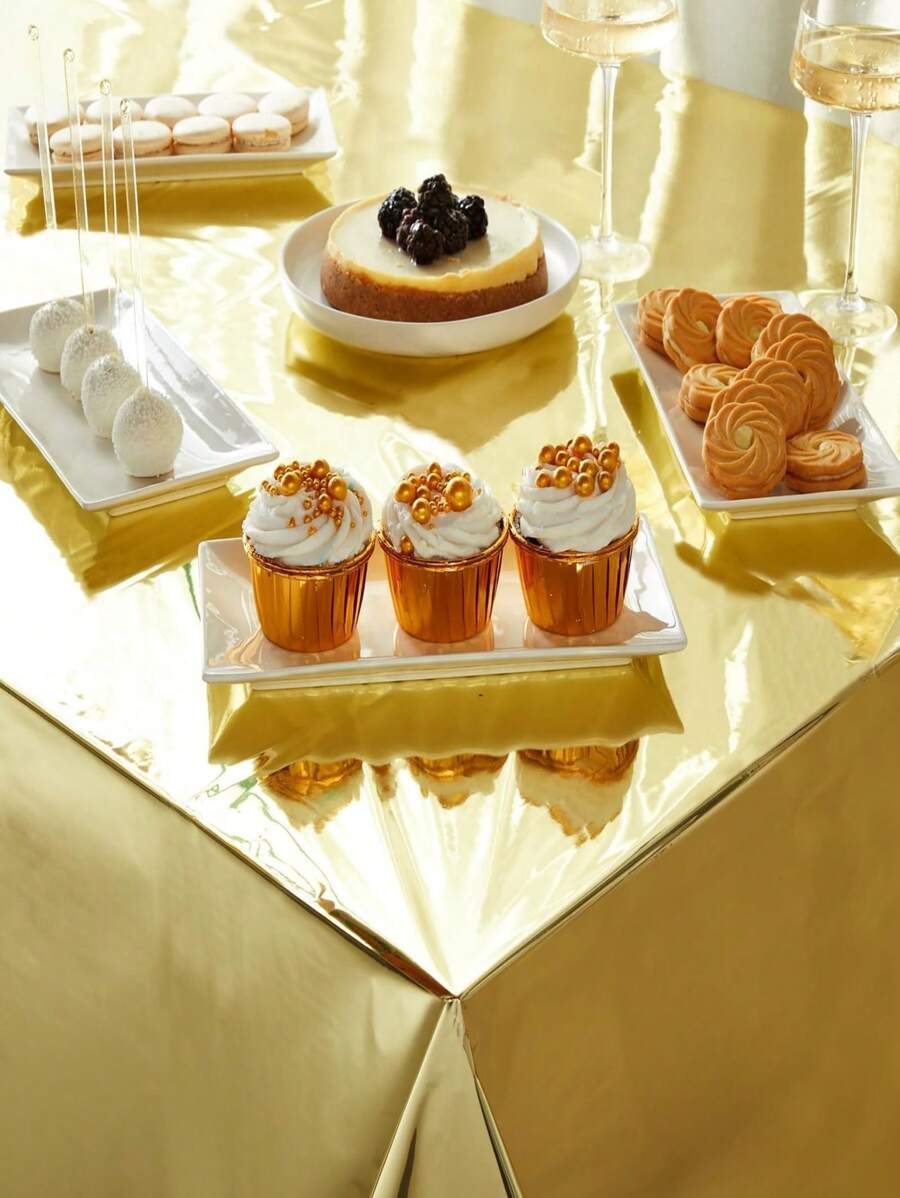 SHEIN Juvale 3 Packs Gold Plastic Tablecloths For Rectangle Tables, Disposable Table Covers For Wedding, Birthday, Shower