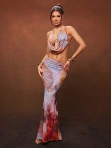 Hauture Summer Women, Women, Blue And Red Mesh Tie Dye Color Mermaid Maxi Skirt For Women, For Date Night, Concerts, Parties, Clubs, Music Festivals, Vacation