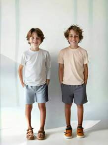 SHEIN Tween Boy 2入組純色開扣短褲 - 灰色 - 查看 1