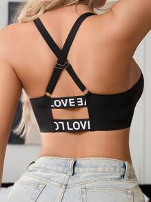 1pc Seamless Letter Print Backless Criss-Cross Strap Wireless Bra For Women - Black - View 2