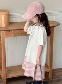 Dazy Kids Kleine Mädchen Rundhals Schleifenprint Patchwork Kurzarm Frühlings-/Sommerkleid - Weiss - Übersicht 4