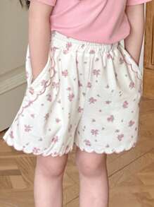 DAZY Pantalones cortos informales de niña con estampado floral y sólido, moda minimalista adecuada para el verano - Blanco - Ver 6