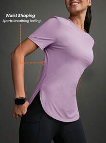 Exploreva 休闲纯色短袖弧形下摆运动服户外T恤健身房女式衬衫