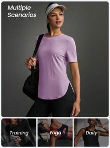 Exploreva 休闲纯色短袖弧形下摆运动服户外T恤健身房女式衬衫