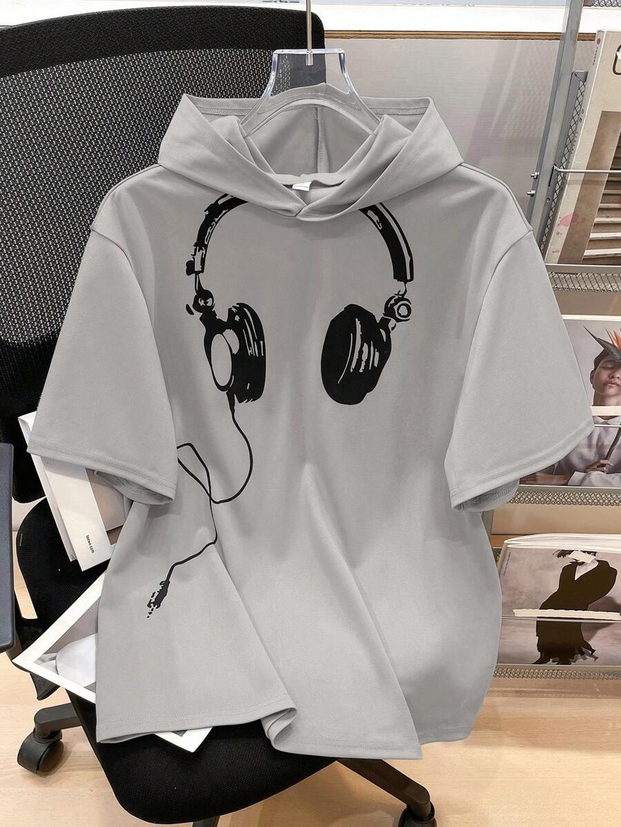 SHEIN Teen Boys' Casual Hooded Short Sleeve T-Shirt With Game Console Print, Summer - Grey - View 1