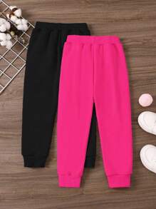 SHEIN 2pcs/Pack Young Girl Heart Graphic Fleece Elastic Waist Casual Sweatpants, Autumn & Winter - Multicolor - View 2