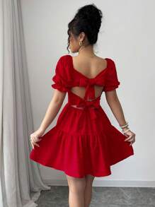 SHEIN Holidaya Vestido con volantes en el bajo, espalda descubierta y lunares para Año Nuevo, vacaciones y atuendos de playa para mujer - Rojo - Ver 2