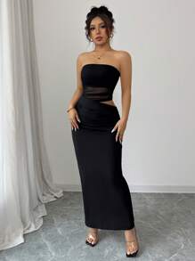 Selianne 黑色性感吊带网纱褶皱拼接镂空腰部连衣裙，适合约会和聚会