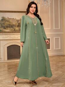 Al Najma Tunique femme grande taille à col en V avec motif doré et ceinture, ainsi qu'une longue robe traditionnelle arabe, Caftan modeste