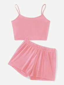Slaydiva 2 piezas Conjunto casual de top de tirantes con estampado de cerezas y pantalones cortos ceñidos para mujer, adecuado para el verano - Rosa Pálido - Ver 2