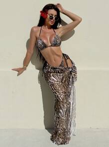 Swim SXY 3 件套豹纹纯色混合印花三角吊带性感优雅比基尼套装和长款网眼沙滩裙女士 - 彩色 - 查看 2