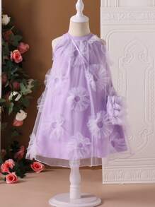 SHEIN Vestido de niña joven elegante de unicolor con cuello halter y flor 3D de malla