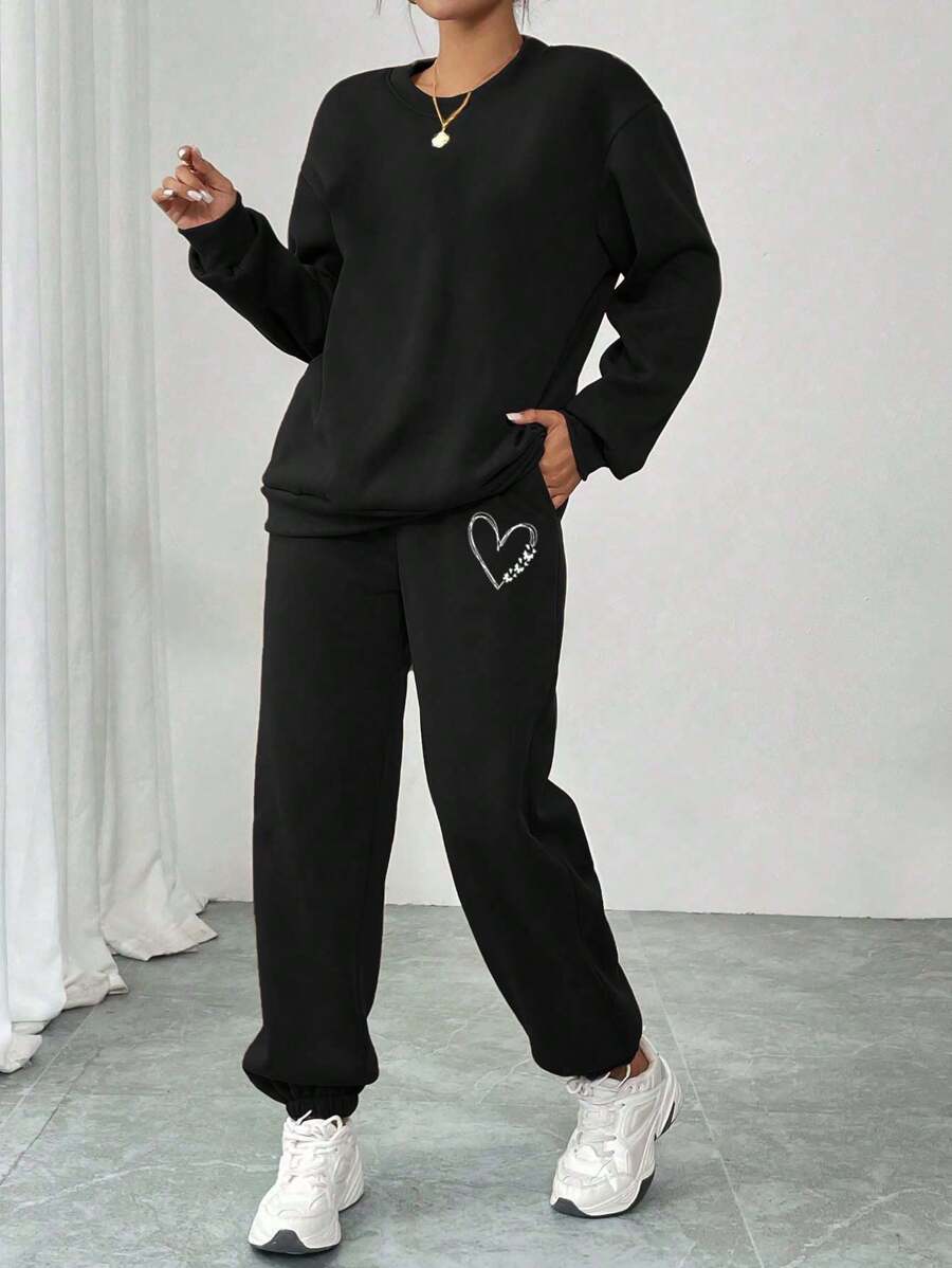 SHEIN LUNE 女士时尚休闲黑色爱心印花运动抽绳运动裤