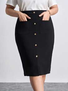 Chikora Women's Button Decorated Pocket Bodycon Plus Size Skirt,Office Outfits For Women - Black - View 6