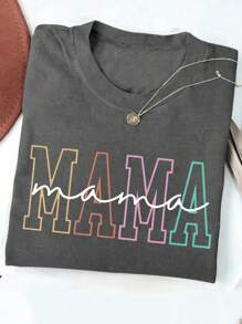 Flirla Áo thun cổ tròn tay ngắn in chữ cỡ lớn cho nữ - Màu xám đen - Xem 1