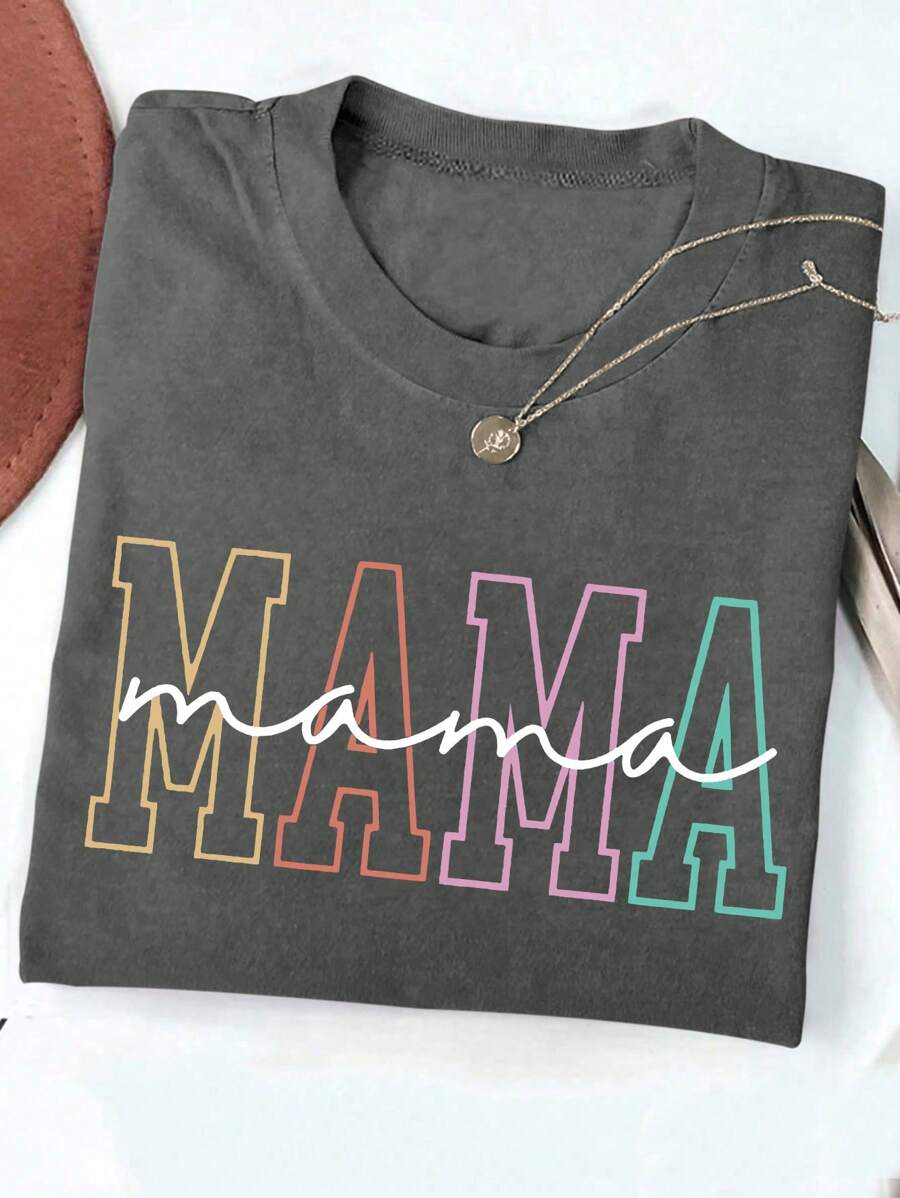 Flirla Áo thun cổ tròn tay ngắn in chữ cỡ lớn cho nữ - Màu xám đen - Xem 1