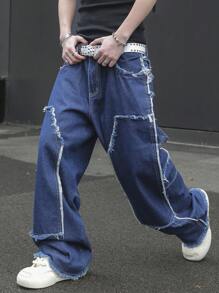 Manfinity EMRG Men's Casual Washed-Effect Wide Leg Loose Jeans - Dark Wash - View 1