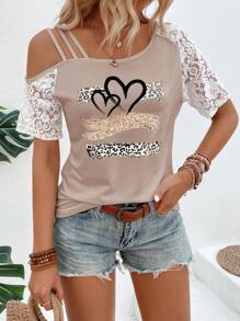 EMERY ROSE Women's Lace Patchwork Heart & Leopard Print T-Shirt Graphic Cheetah Print Tees Women Tops - Khaki - View 8