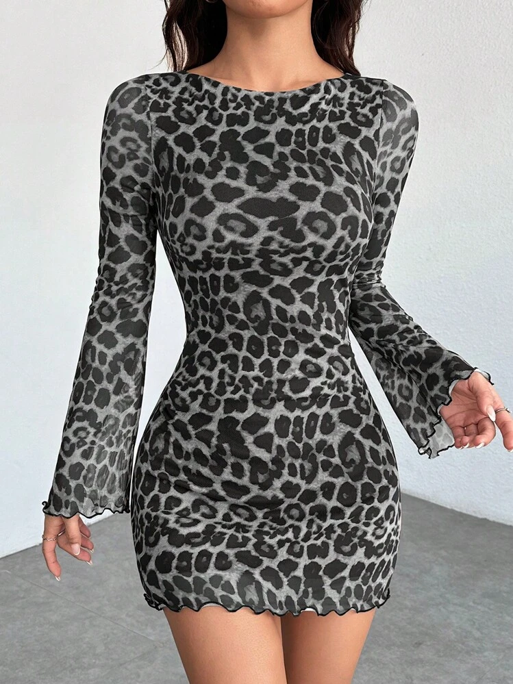 SHEIN PETITE Women's Leopard Mesh Bell Sleeve Mini Dress Leopard Print |  SHEIN USA