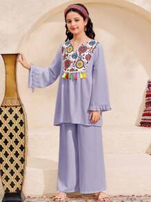 Tween Girl Floral Patchwork V-Neck Tassel Blouse & Wide Leg Pants, Loose Casual Resort Suit