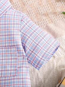 2pcs Set Baby Boys Plaid Lapel Raglan Sleeve Button Up Shirt + Elastic Waist Denim Shorts Outfit, Casual Soft Comfortable Loose Suit For Spring/Summer Wear - Multicolor - View 4