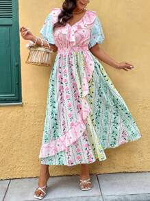 SHEIN Clasi Fashionable V-Neck Ruffle Puff Sleeve Vacation French Style Dress - Multicolor - View 4